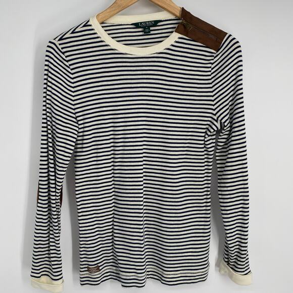 Ralph Lauren Top Women’s Medium Stripes Faux Leather Elbow Patches Western - Picture 1 of 9